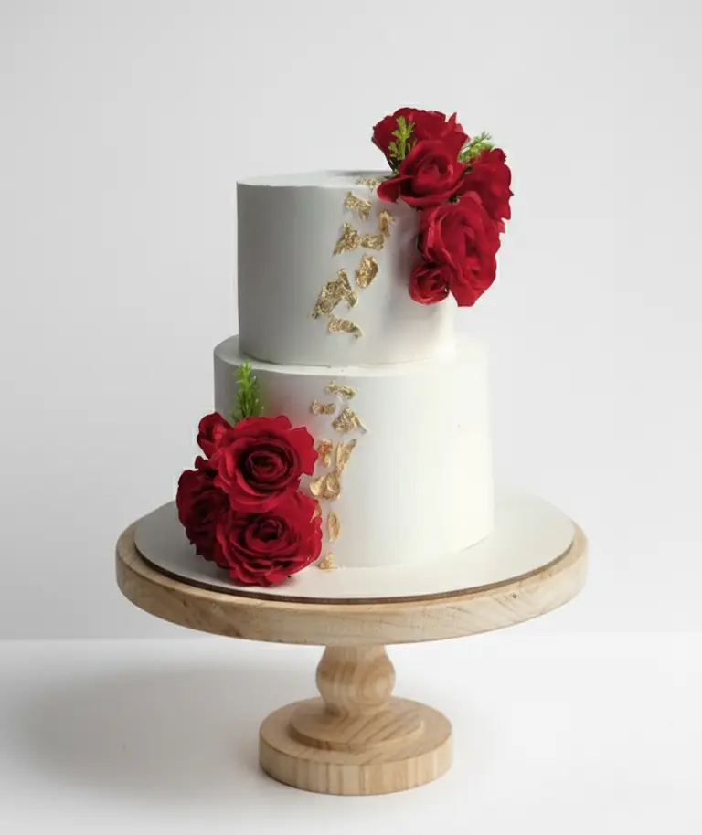 Classic White & Gold Wedding Cake with Red Roses – 2 Kg
